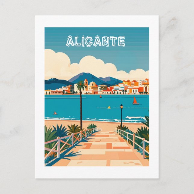 Cartão Postal Alicante Espanha Beach View Viagem (Frente)