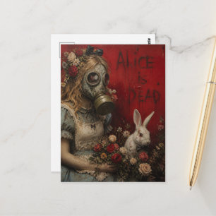 Cartão Postal Alice de Máscara de Gás com Coelho Branco Fantasia