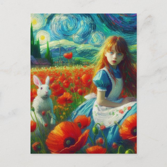 Cartão Postal Alice e o Coelho Entram na Fantasia Oz Van Gogh (Frente)