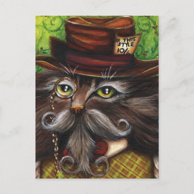 Cartão Postal Alice Gata Mad Hatter Arte Fantástica em Maravilha (Frente)