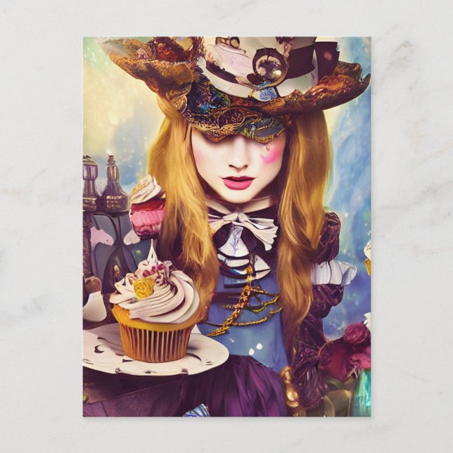 Cartão Postal Alice Steampunk Com Cupcakes (Frente)