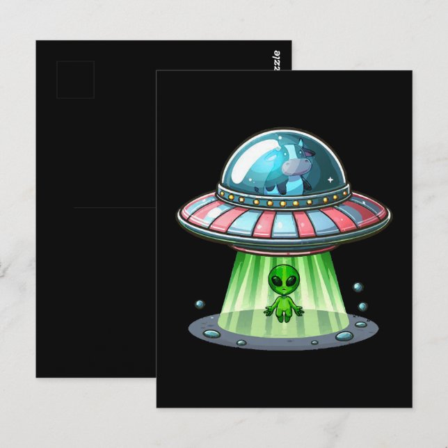 Cartão Postal Alienígena Abduzindo Vaca (Frente/Verso)