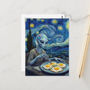 Cartão Postal Alienígena Azul Comendo Ovos Fritos Falso Van Gogh