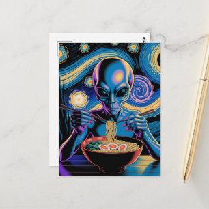Cartão Postal Alienígena Azul Comendo Ramen