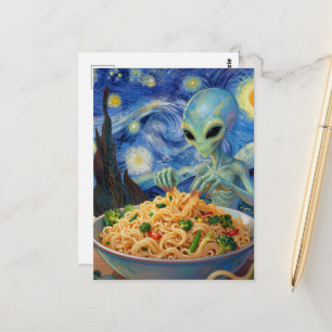 Cartão Postal Alienígena Azul de Ficção Científica Comendo Macar