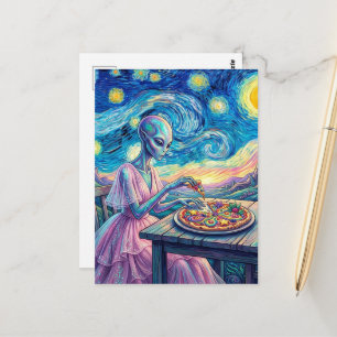 Cartão Postal Alienígena Azul em Vestido Rosa Come Pizza Falso V
