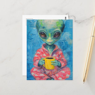 Cartão Postal Alienígena com uma taça de café