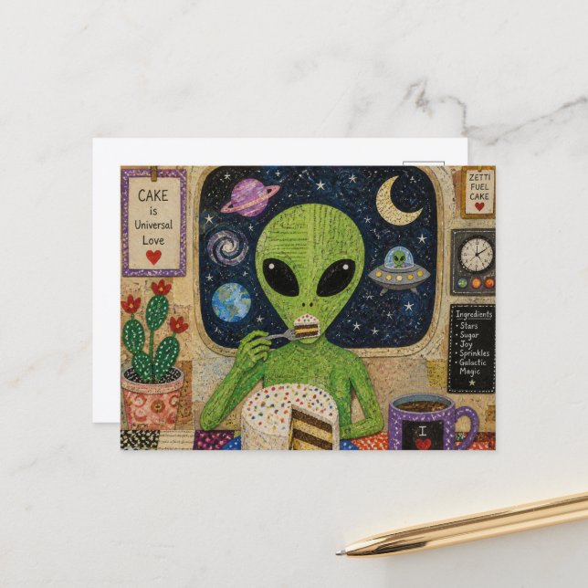 Cartão Postal Alienígena comendo bolo (Frente/Verso In Situ)