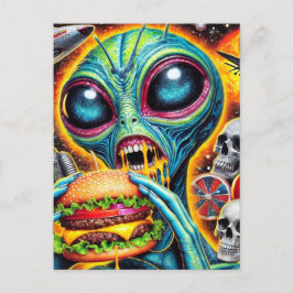 Cartão Postal Alienígena Divertida Comendo Cheeseburger
