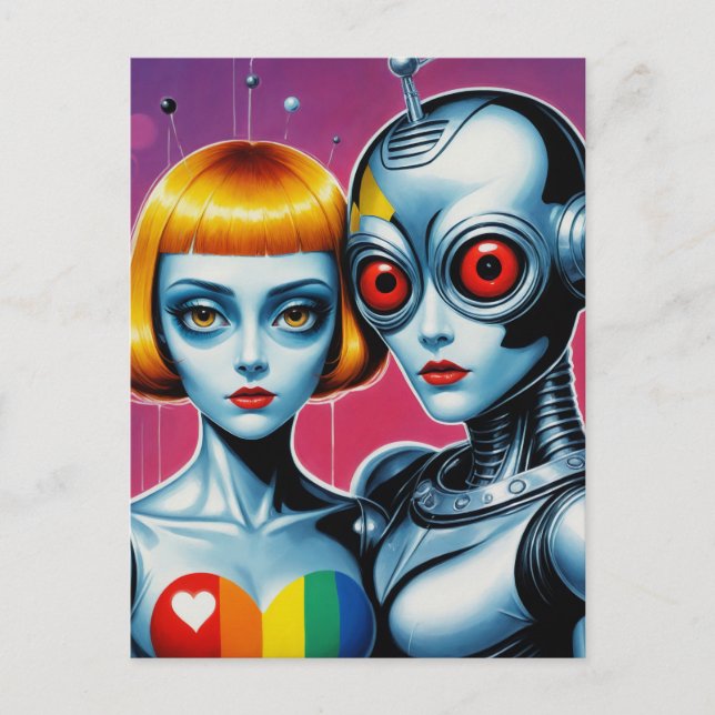 Cartão Postal Alienígena e Robô Apaixonados Arco-íris (Frente)