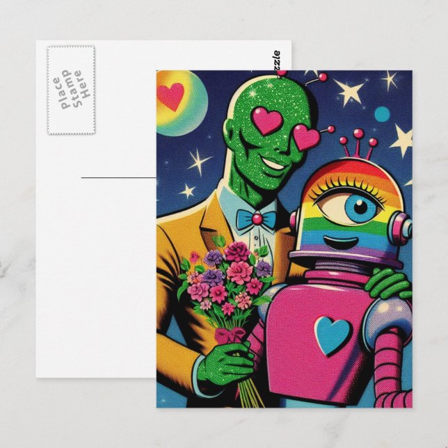 Cartão Postal Alienígena e robô em quadrinhos retrorreflectores (Frente/Verso)