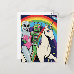 Cartão Postal Alienígena e um Robô Apaixonados por seu Unicórnio