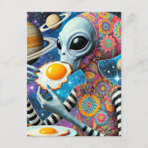 Cartão Postal Alienígena Engraçada Engraçada Comendo Ovos Fritad