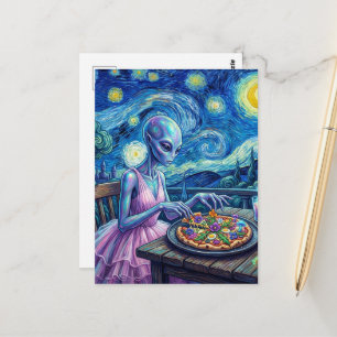Cartão Postal Alienígena Fofa com Vestido Rosa Come Pizza Falso