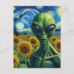 Cartão Postal Alienígena no campo girassol Faux Van Gogh