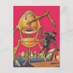 Cartão Postal Alienígena Robô Captura Homem de Vintage Science