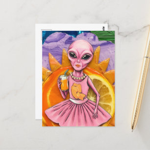 Cartão Postal Alienígena Rosa com Sumo Laranja Sol Laranja