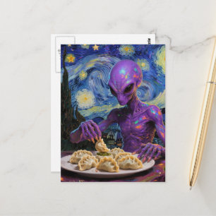 Cartão Postal Alienígena Roxo Comendo Perogies