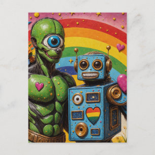 Cartão Postal Alienígena Verde de Um Olho Estranho e um Robô Apa