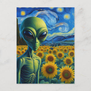 Cartão Postal Alienígena verde num campo girassol Faux Van Gogh