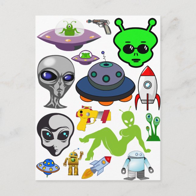 Cartão Postal Aliens de Espaço de Cartoon Folha de Colagem de Ar (Frente)