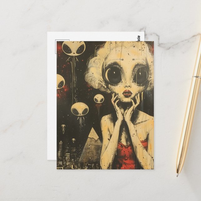 Cartão Postal Aliens de Fantasia Científica e Mulher em Vestido  (Frente/Verso In Situ)