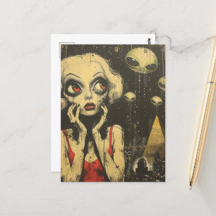 Cartão Postal Aliens e Mulher na Fantasia Red Dress Scifi