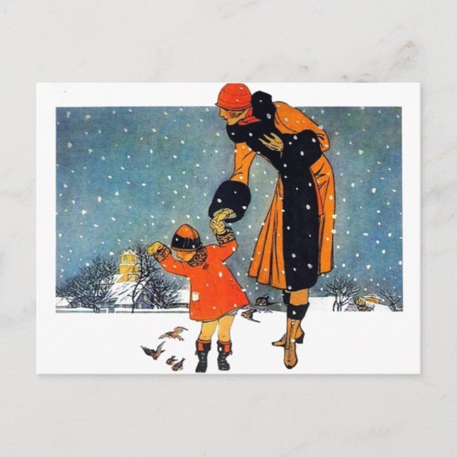 Cartão Postal Alimentando aves na neve (Frente)