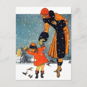 Cartão Postal Alimentando aves na neve