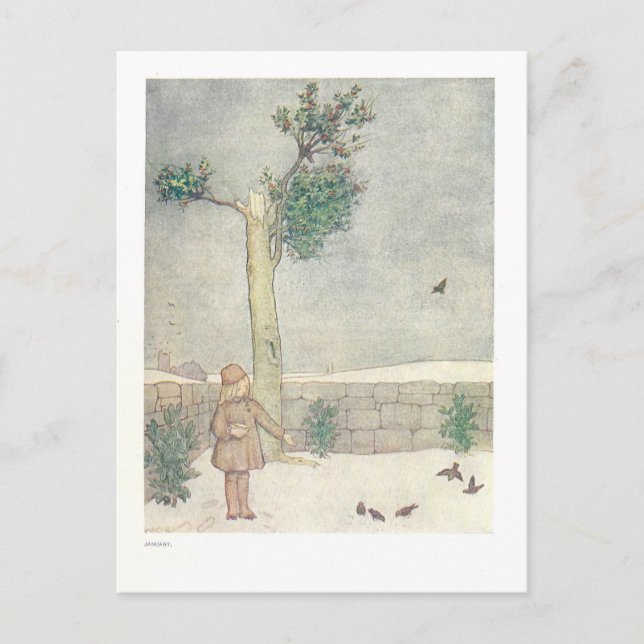 Cartão Postal Alimentando os Pássaros em Ilustração Vintage de J (Frente)