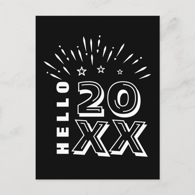 Cartão Postal Alô Feliz ano novo Fireworks Black White Stars (Frente)