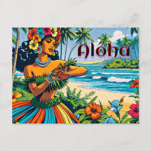 Cartão Postal Aloha Dançarino Hawaii Hula na praia