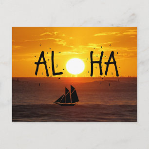Cartão Postal Aloha Hawaii Sunset Ocean Sailboat