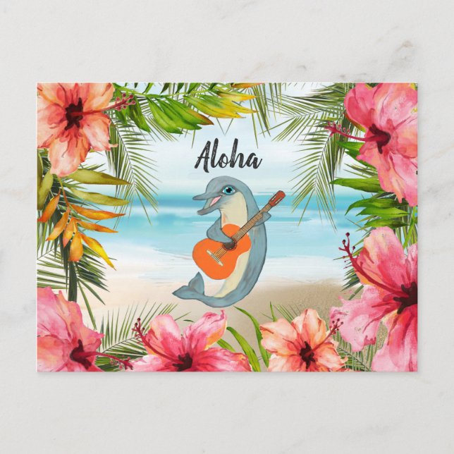 Cartão Postal Aloha tropical pensando em você violão de golfinho (Frente)