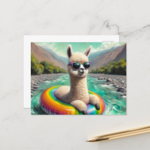 Cartão Postal Alpaca Adorável em uma flutuação colorida do arco-