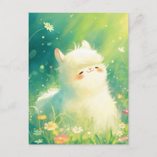 Cartão Postal Alpaca Branca Fofa em Aquarela no Prado ao Sol