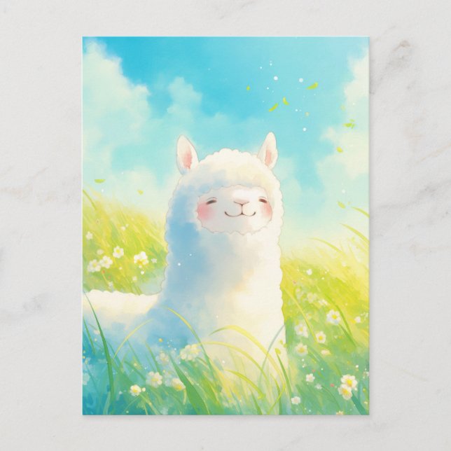 Cartão Postal Alpaca Branco em Prado Ensolarado de Flores Silves (Frente)