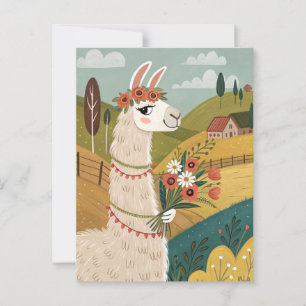 Cartão Postal Alpaca com flores arte popular