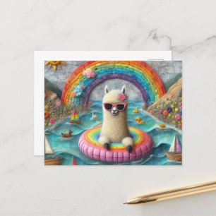 Cartão Postal Alpaca em uma flutuação colorida do arco-íris