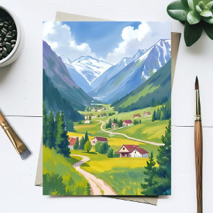 Cartão Postal Alpes Suíços Aquarela Montanhas Viagem Pintura