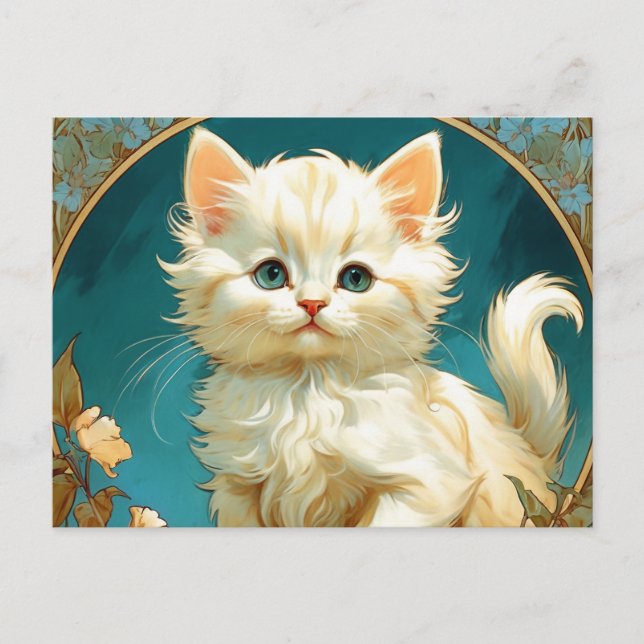 Cartão Postal Alphonse Mucha Art Nouveau White Cat (Frente)