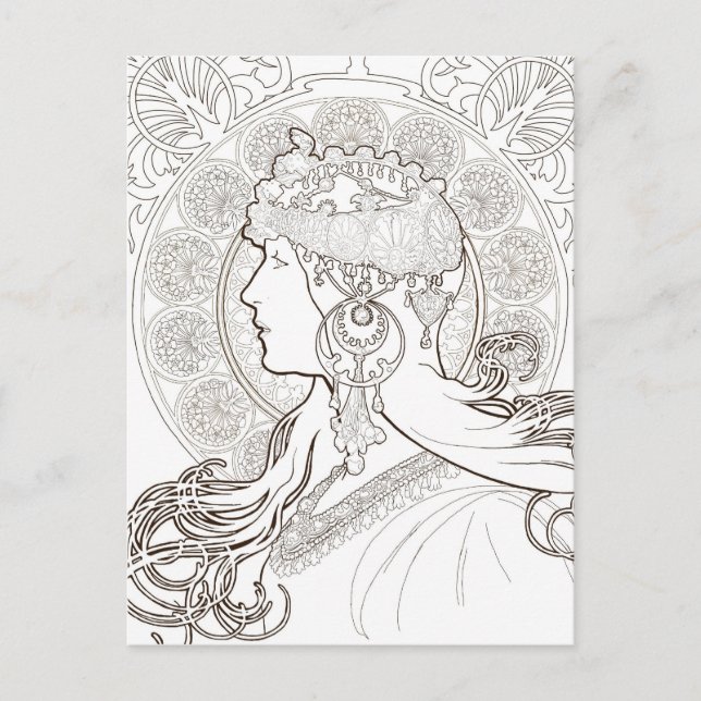 Cartão Postal ALphonse Mucha - Desenho em branco e preto (Frente)