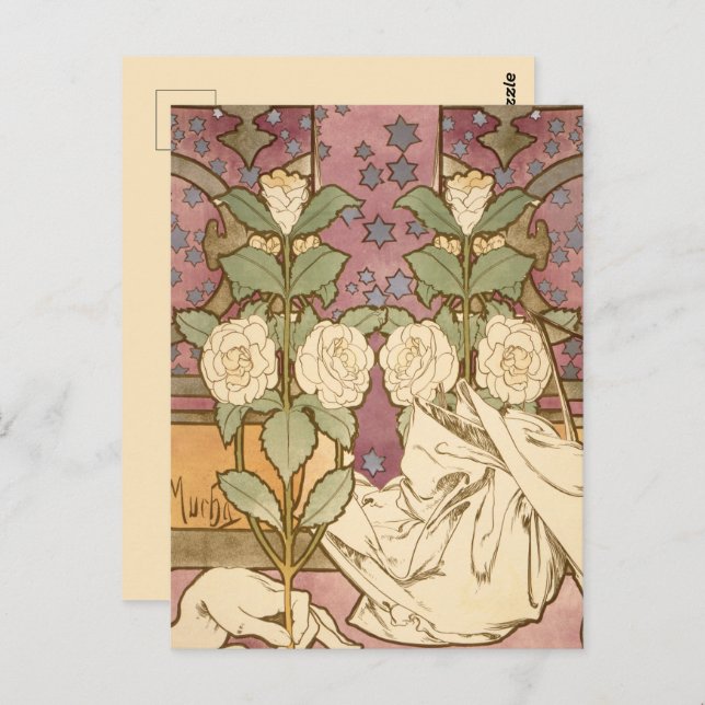 Cartão Postal Alphonse Mucha Elegante Art Nouveau Stars Camellia (Frente/Verso)
