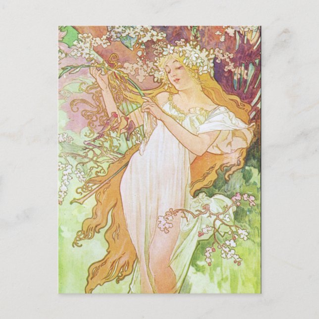Cartão Postal Alphonse Mucha Girl In Garden Art Nouveau Artwork  (Frente)