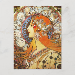 Cartão Postal Alphonse Mucha La Plume Zodiac Art Nouveau Vintage