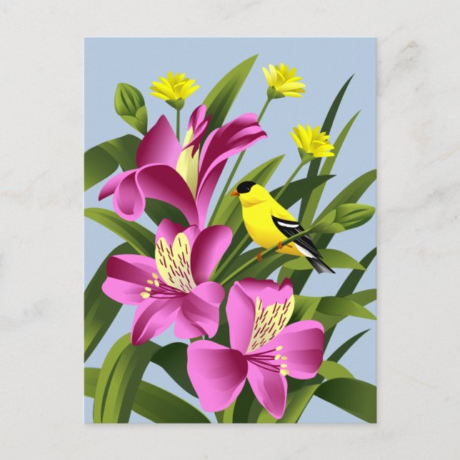 Cartão Postal Alstroemeria Flower e Goldfinch (Frente)