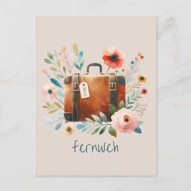 Cartão Postal Alter Koffer mit Blumen- fernweh-personalisierbare (Frente)