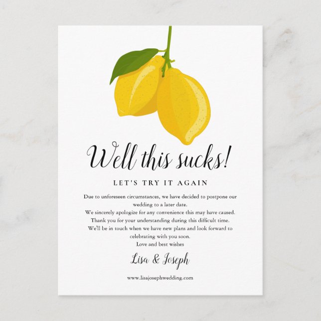 Cartão Postal Alterar a data adiada da foto de limões cancelados (Frente)