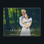 Cartão Postal Alterar a Data do Script de Tendência Moderna Nova<br><div class="desc">Modern Trendy Script Change The Date Wedding Postponement New Wedding Date Photo Postcard</div>