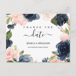 Cartão Postal Altere o Floral de Blush do Marinho de Data Adiado
